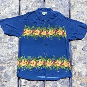 Original Island Sport Vintage Rayon Hawaiian Blue Button Front Shirt Men's Med